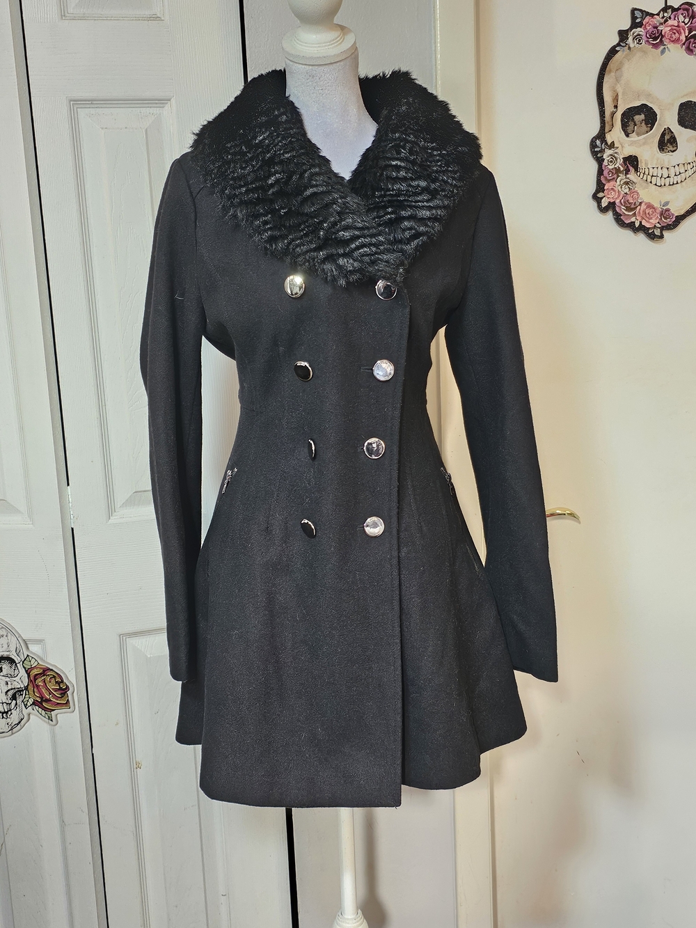 Guess Black Double-Breasted Pea Coat with Faux Fur Collar